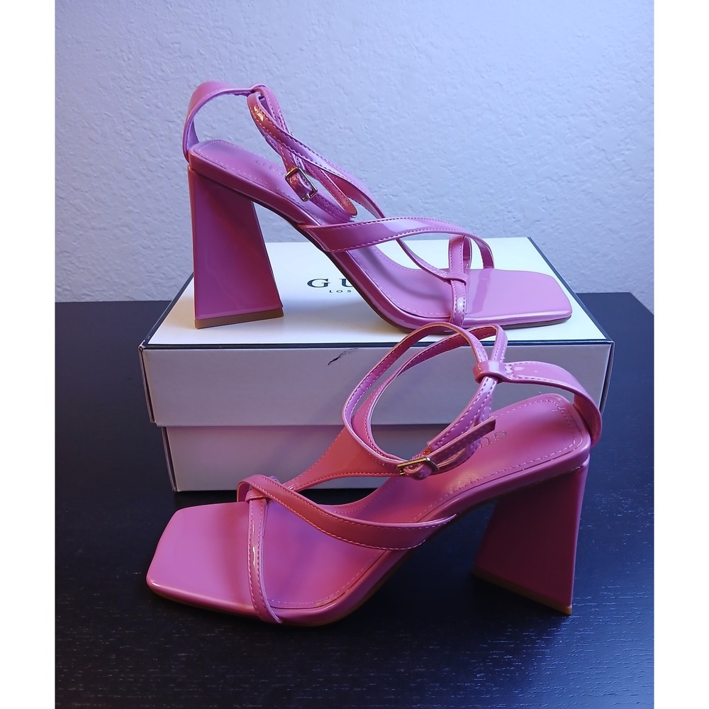 GUESS Kanai Pink Patent Strappy Block Heel Sandals Square Toe Womens 6.5 M